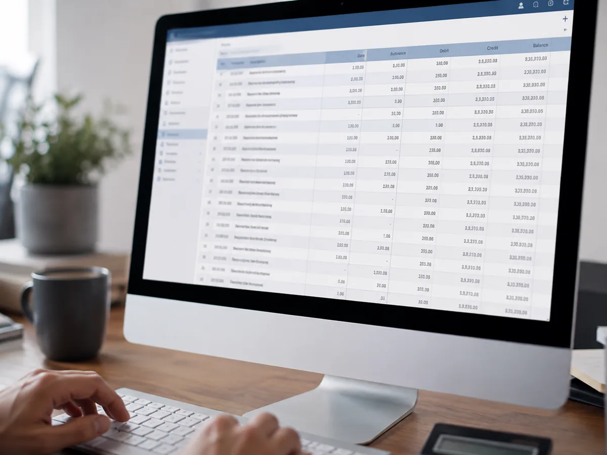 A bookkeeping ledger on screen showing debit, credit and balance columns