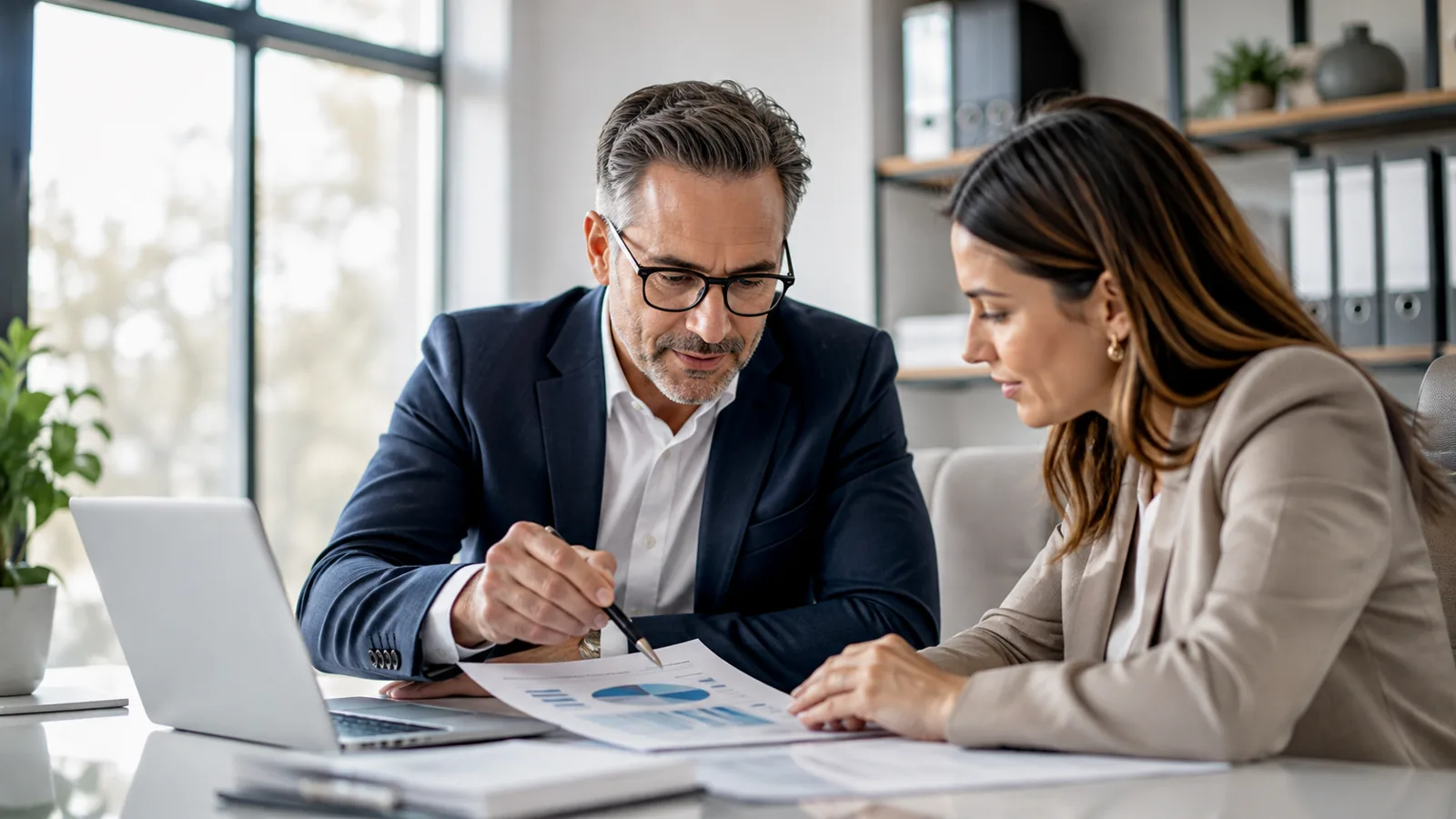 An accountant reviewing figures with a business owner at a desk