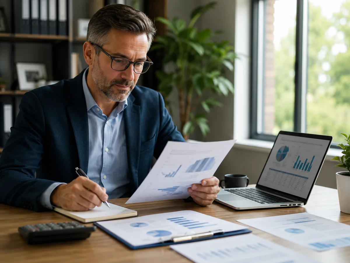 A business owner reviewing a charted financial report