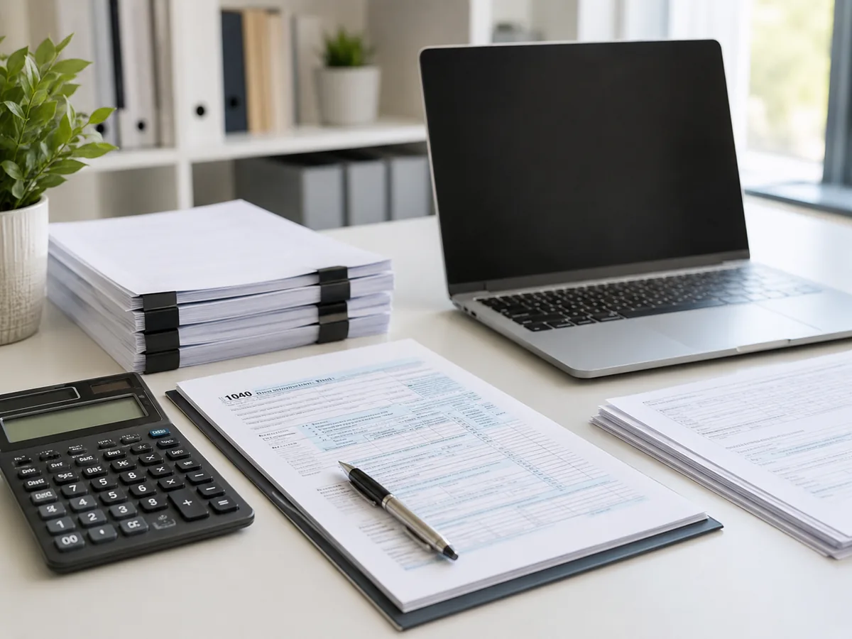 A 1040 return, calculator and laptop on a clean desk