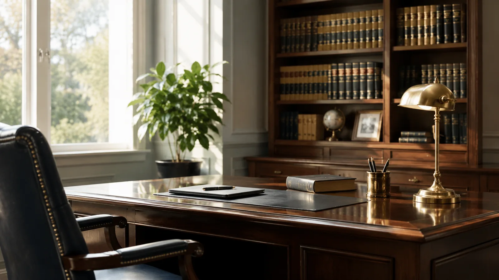 A quiet law office with bookshelves, a brass lamp and natural morning light