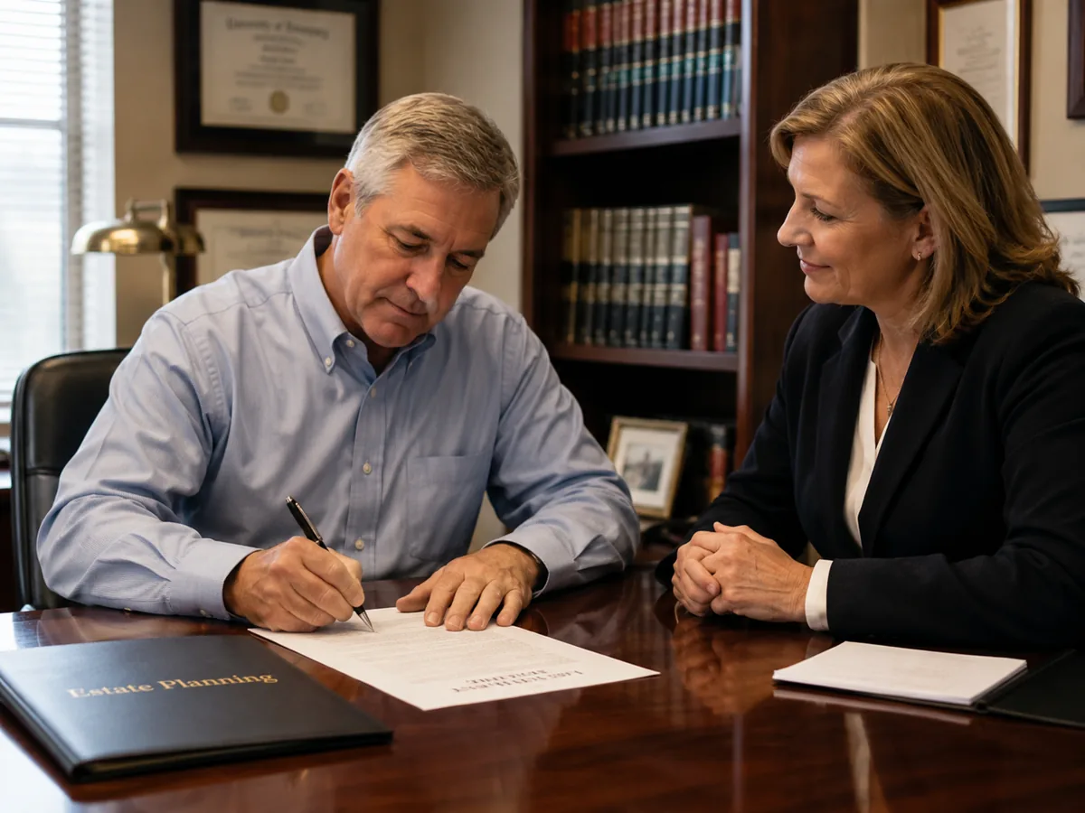 A client signing a will while the attorney sits alongside