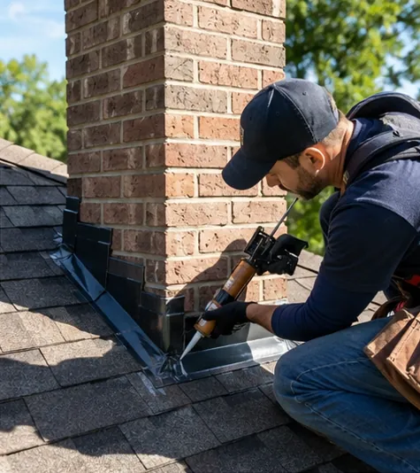A crew member sealing flashing around a brick chimney