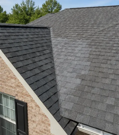 A finished shingle roof after storm repair