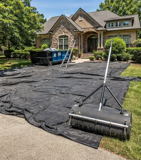 A protected job site on tear-off day, tarps down and a magnet sweeper in use