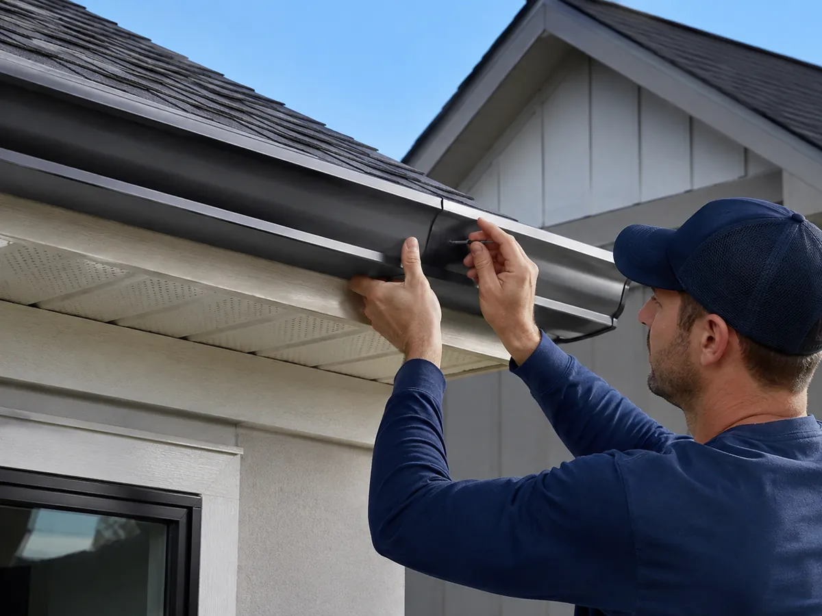A seamless gutter being fitted along a roofline