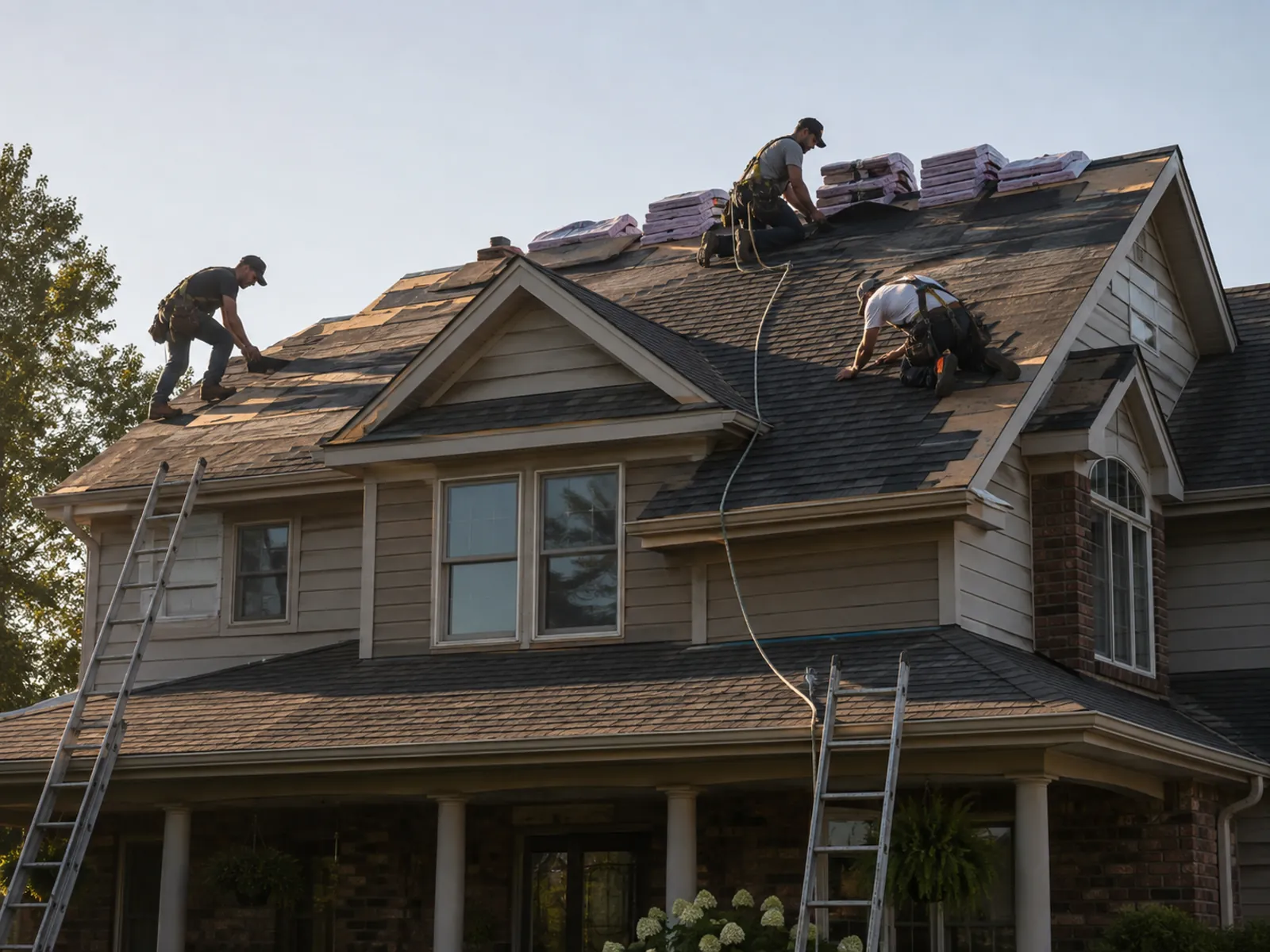 A roofing crew installing shingles on a two-storey home in evening light
