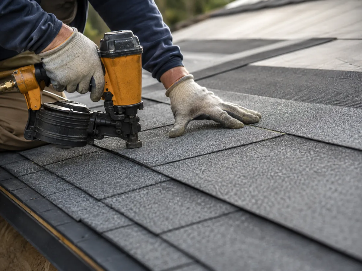 A roofer nailing asphalt shingles in a straight course